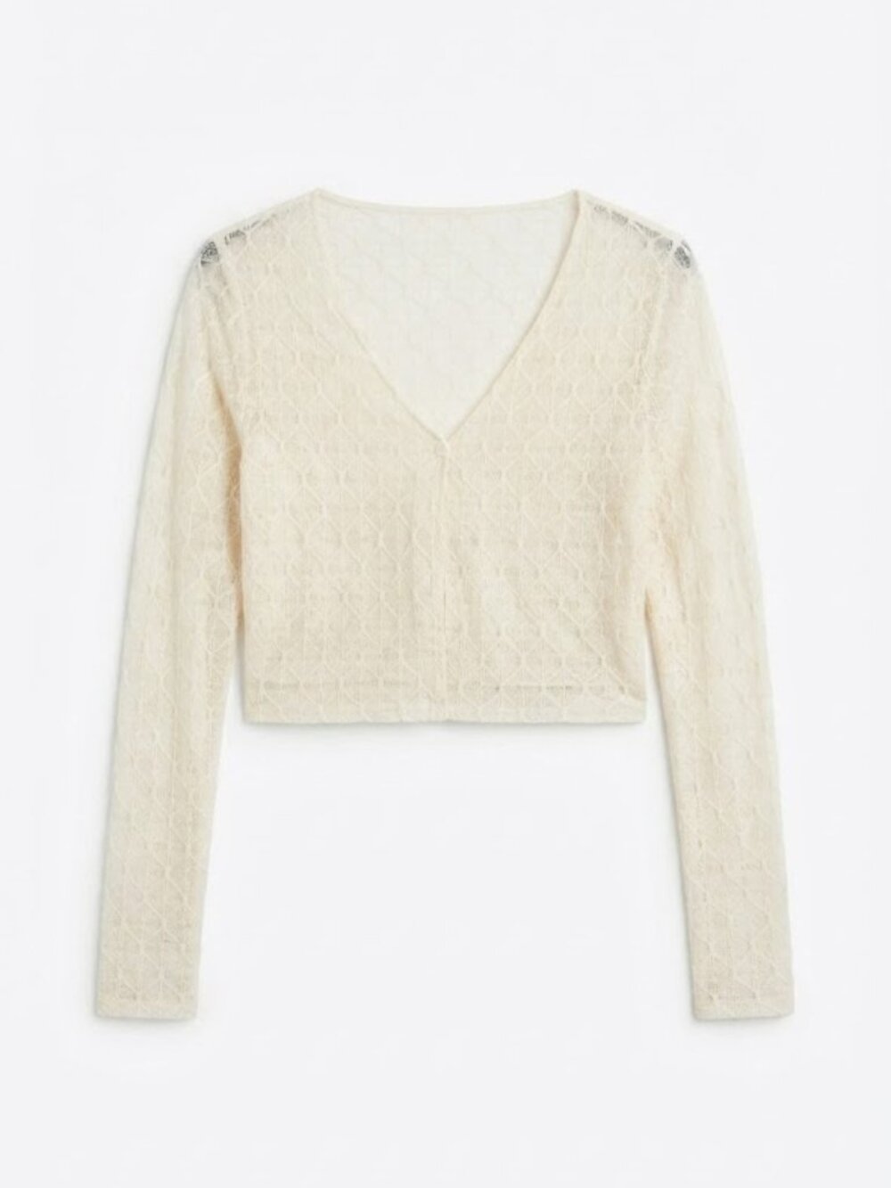 Cream Sheer Knit Button-Front Cropped Top